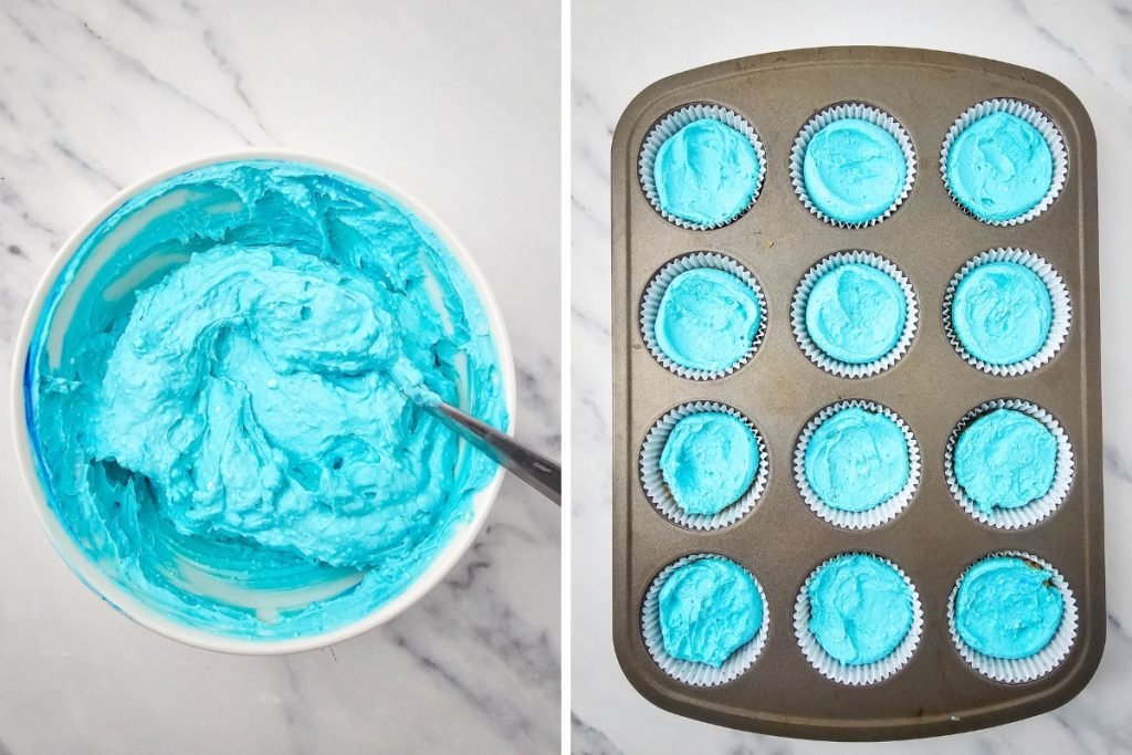 Process image for making Red White and Blue Cheesecake Bites - making blue cheesecake filling or mixture
