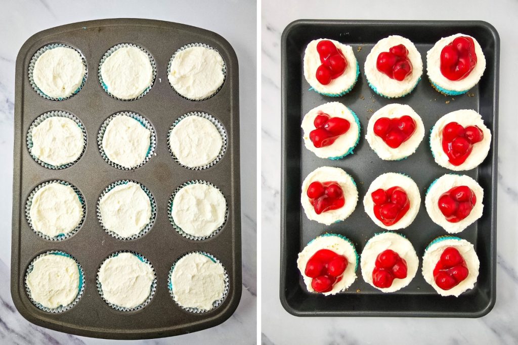 Process image for making Red White and Blue Cheesecake Bites - adding white cheesecake mixture on top of blue mixture then topping with cherry pie filling before serving