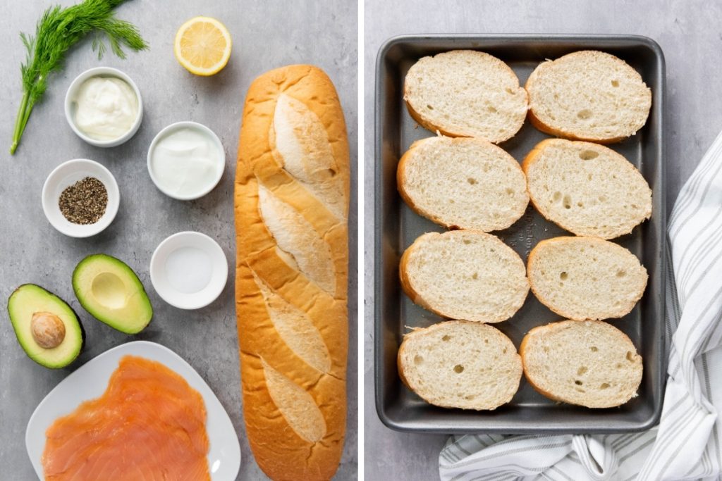 Ingredients and process image for making Smoked Salmon Avocado Bruschetta