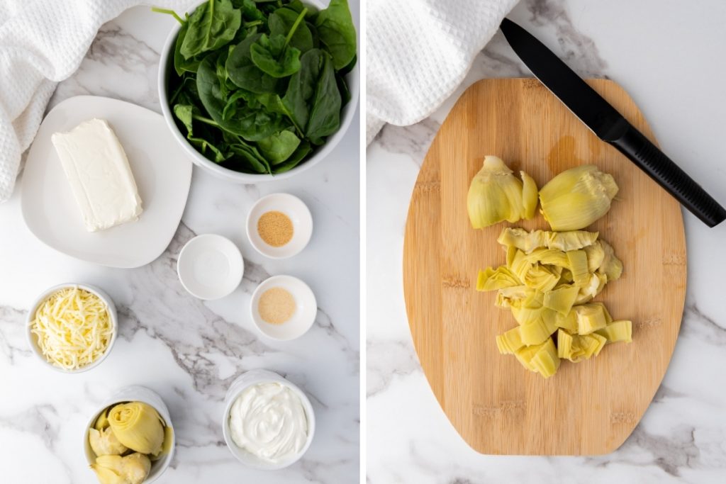Ingredients and process image for making Spinach Artichoke Dip