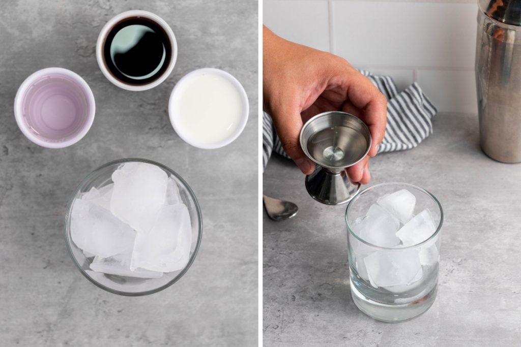 Ingredients and process image for making White Russian Cocktail - filled an old-fashioned rocks glass with ice cubes and to pour vodka over the ice