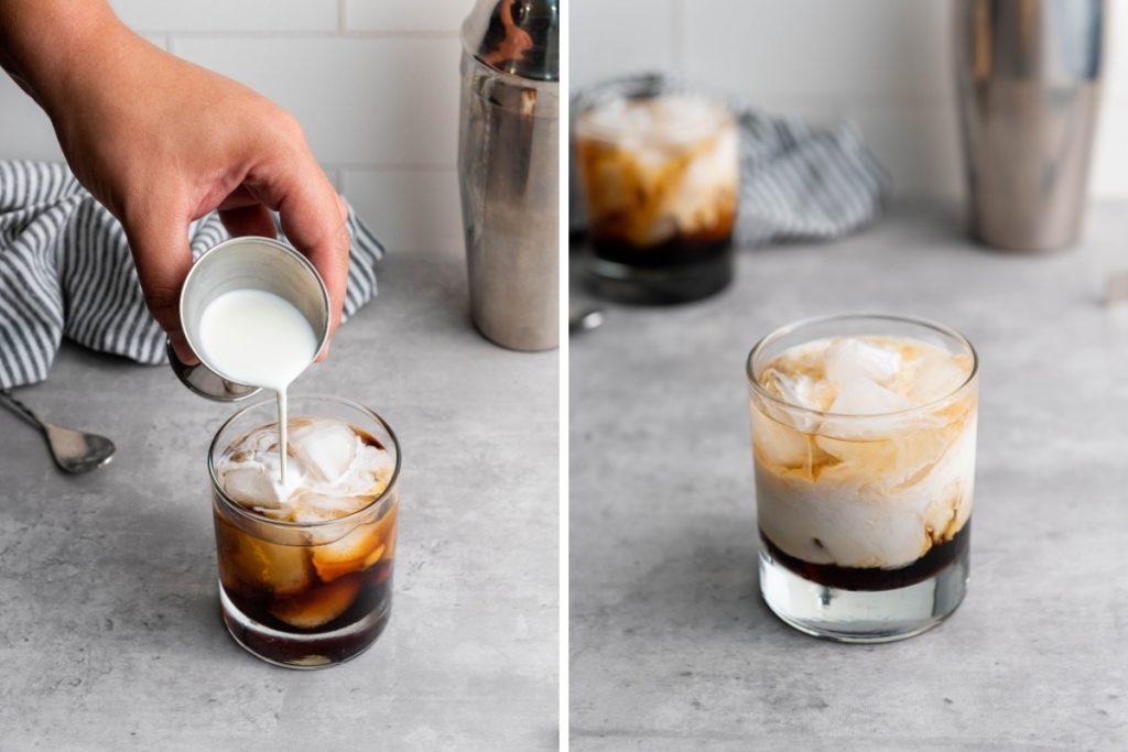 Process image for making White Russian Cocktail - gently pouring heavy cream into glass then a finished product of white Russian cocktail ready for serving