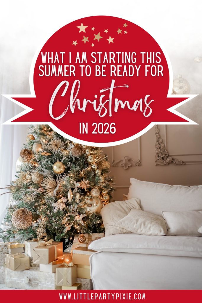 A christmas tree in muted rose gold and beige tones with atxt overlay 'what I am starting this summer to be ready for Christmas in 2026