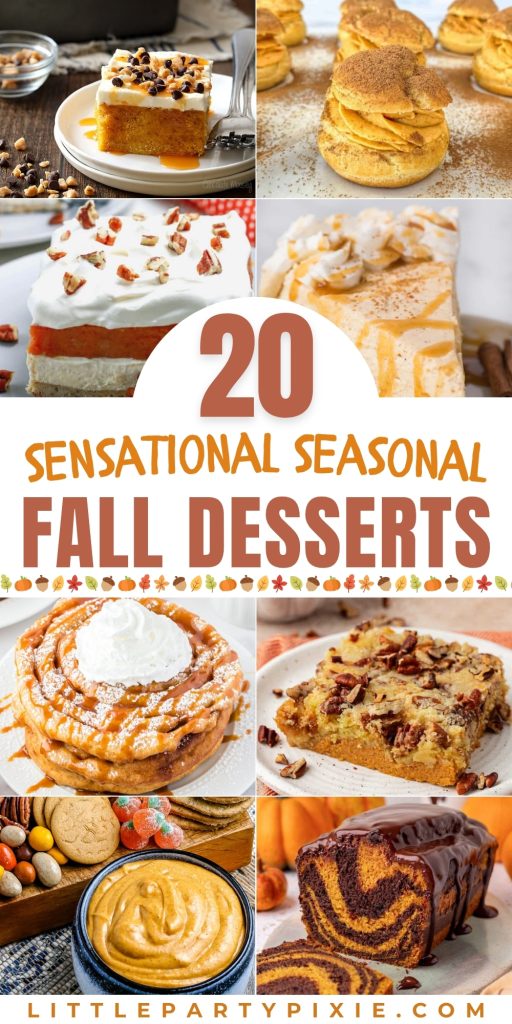 Assorted fall desserts including pie, loaf cake, cream puffs, pumpkin dump cake and pumpkin cream cheese dip.