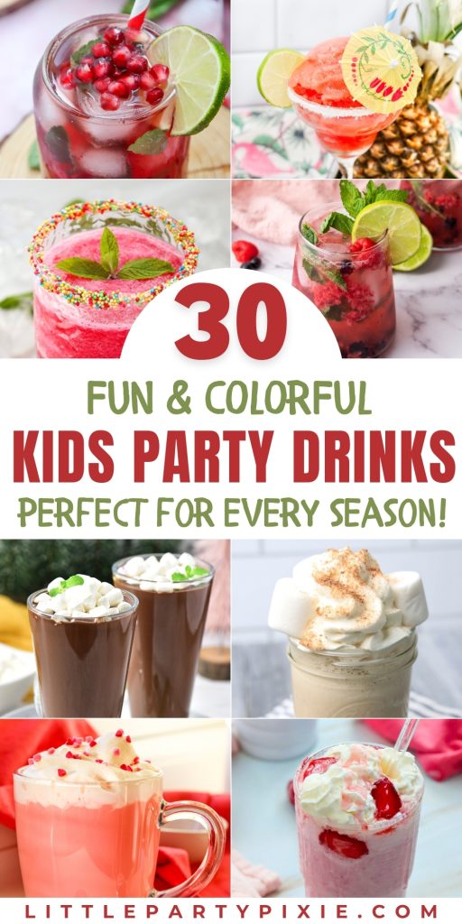 Colorful and fun kids party drinks with garnishes, whipped cream, cherries, pomegranate, lime, marshmallows, festive and straws.