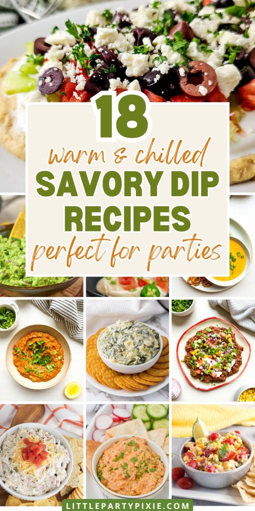 Assorted bowls of colorful savory dips with herbs, olives, crackers, vegetables and garnishes on table.