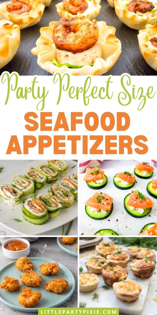 Collage of seafood appetizers including shrimp cups, smoked salmon bites, dips, cucumber rolls, and mini quiches.