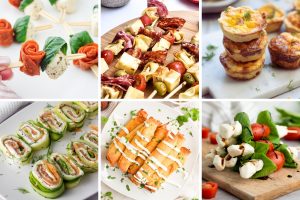 Assorted finger foods for cocktail parties including skewers, rolls, and mini quiches beautifully arranged.
