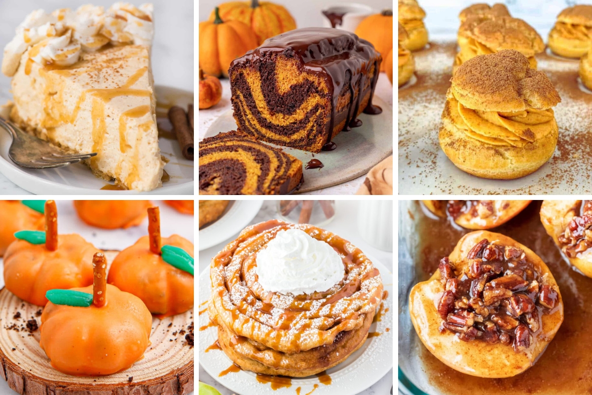 Assorted fall desserts including pie, loaf cake, cream puffs, candy pumpkins, funnel cake, and baked apples.