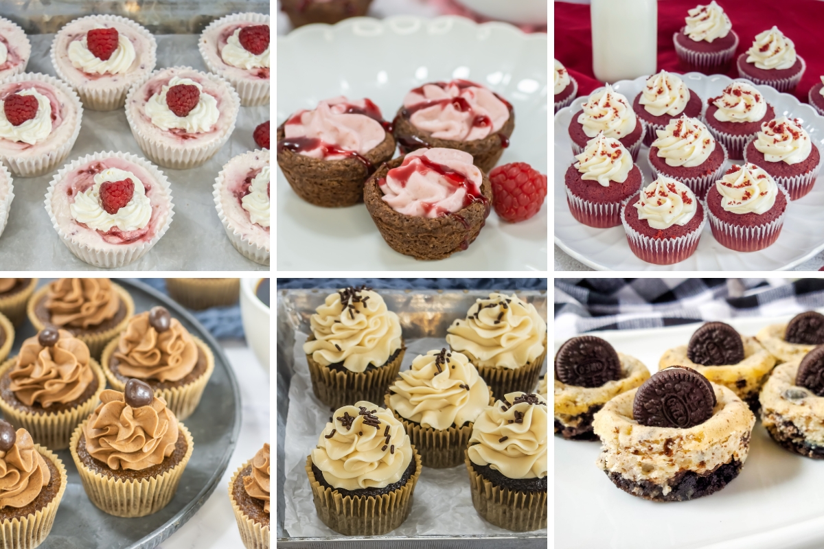 Assorted mini cupcakes and cheesecakes in various flavors, topped with frosting, berries, and cookies, perfect finger food desserts.