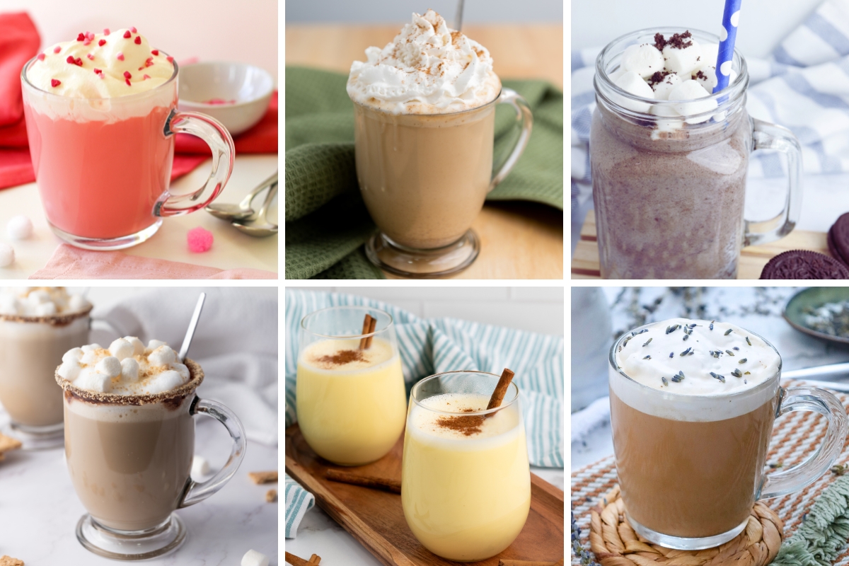 Six assorted hot drinks in glass mugs, topped with whipped cream, marshmallows, cinnamon, and garnishes.