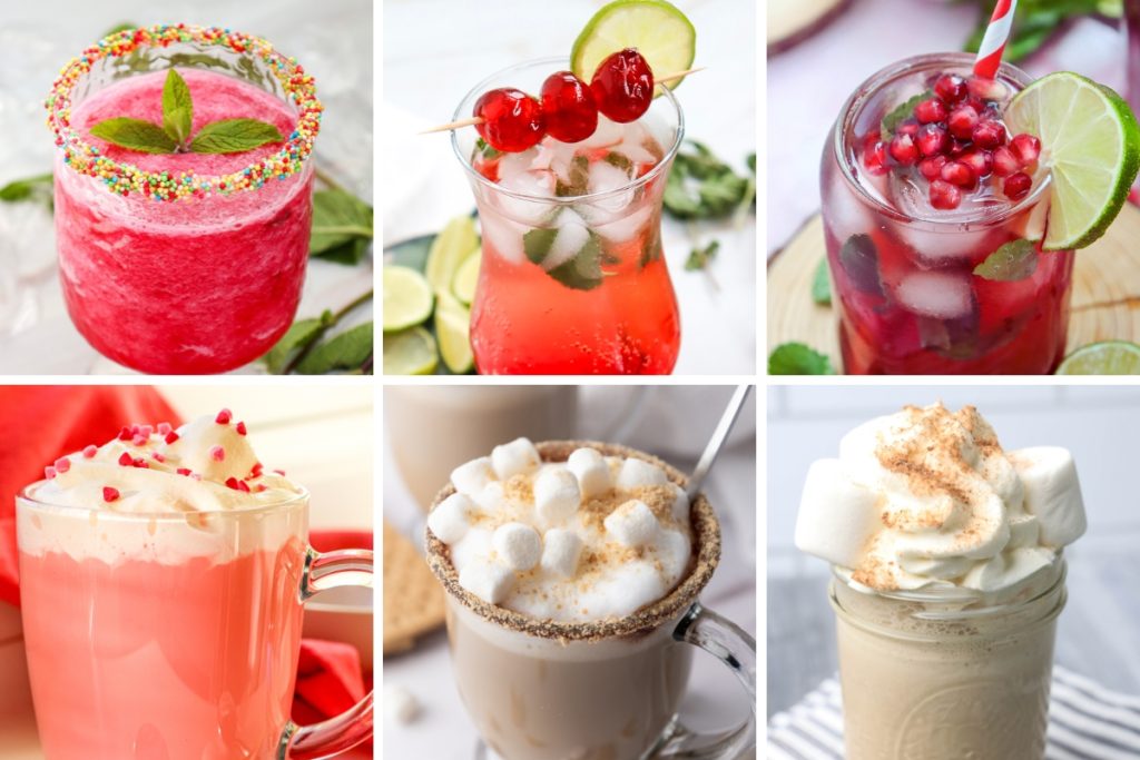 Colorful and fun kids party drinks with garnishes, whipped cream, cherries, pomegranate, lime, marshmallows, festive and straws.