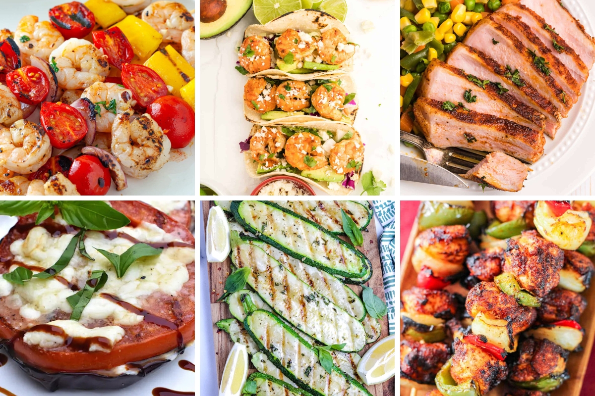 collage of images grilled vegetables and meat