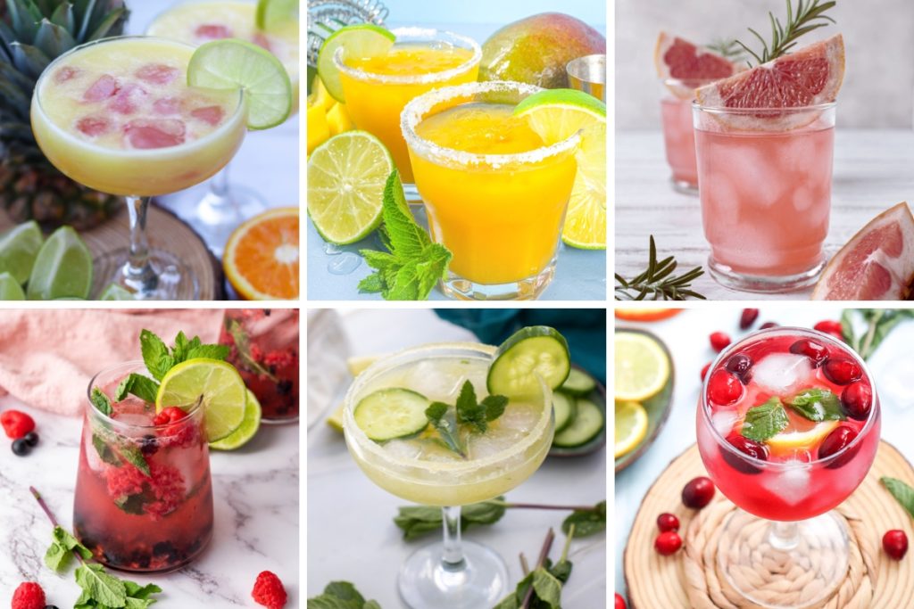 Colorful pregnancy-friendly mocktails with fruits, herbs, and ice in vibrant glasses, perfect for refreshing celebrations.