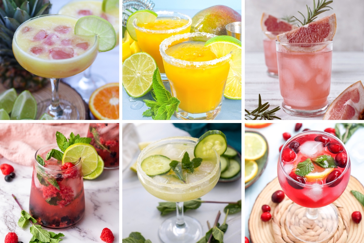Colorful pregnancy-friendly mocktails with fruits, herbs, and ice in vibrant glasses, perfect for refreshing celebrations.