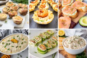 Collage of seafood appetizers including shrimp cups, smoked salmon bites, dips, cucumber rolls, and mini quiches.