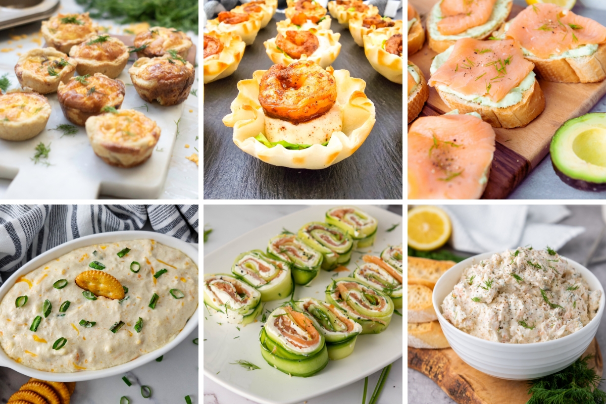 Collage of seafood appetizers including shrimp cups, smoked salmon bites, dips, cucumber rolls, and mini quiches.