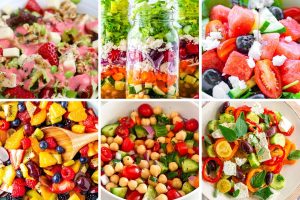 a collage of salad dishes