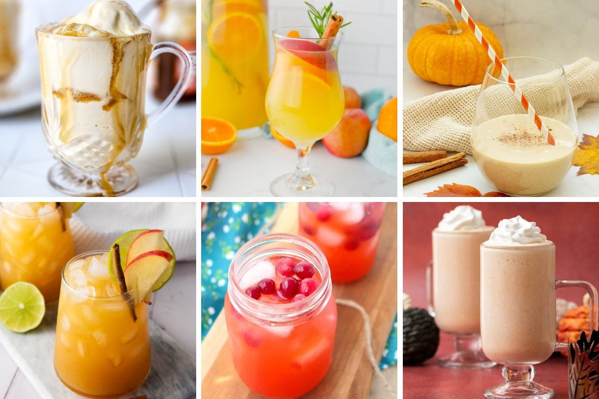 colalge of images festive colored fall drinks for Thanksgiving