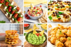 A colorful assortment of vegetarian appetizers including skewers, dips, crostini, fritters, guacamole, and crispy cauliflower bites.