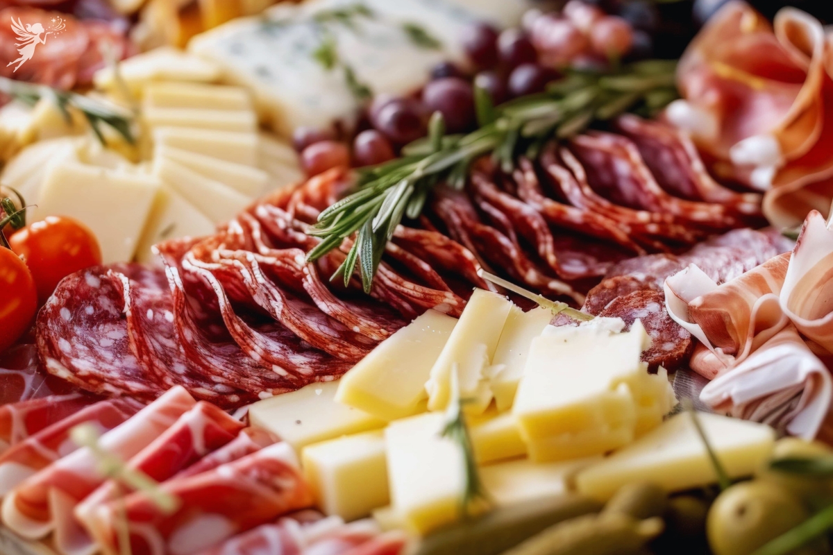 a close up of a meat and cheese platter charcuterie board