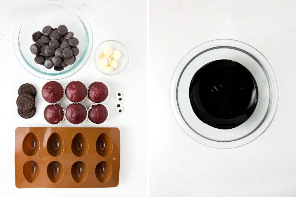 Ingredients and process image for making Halloween Bat Truffles - melt the black chocolate