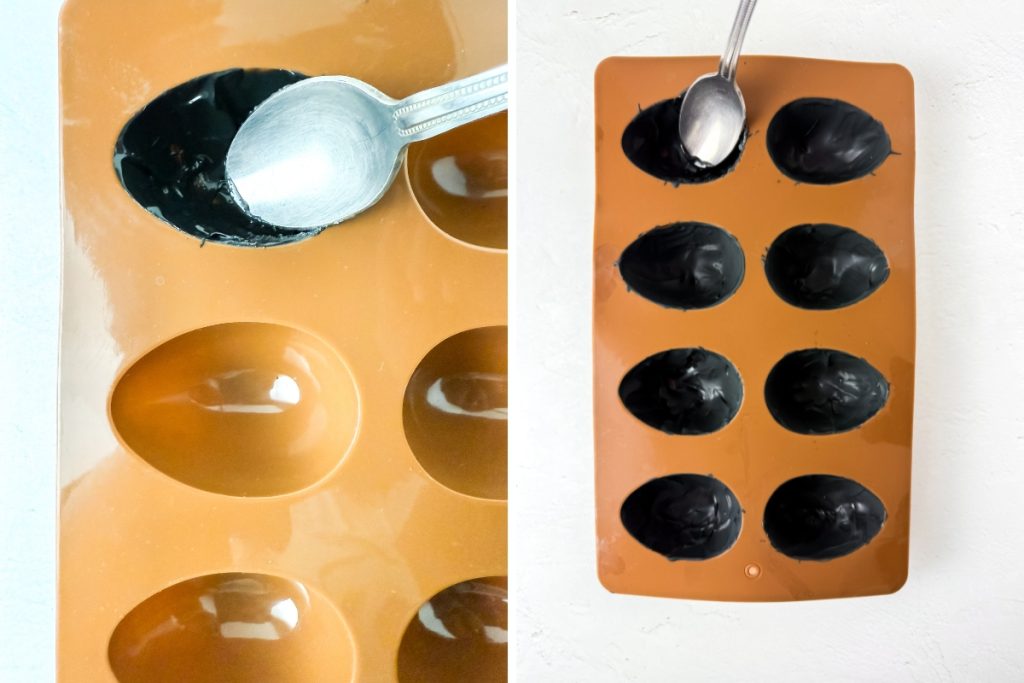 Process image for making Halloween Bat Truffles - putting melted chocolate around the inside of the mold