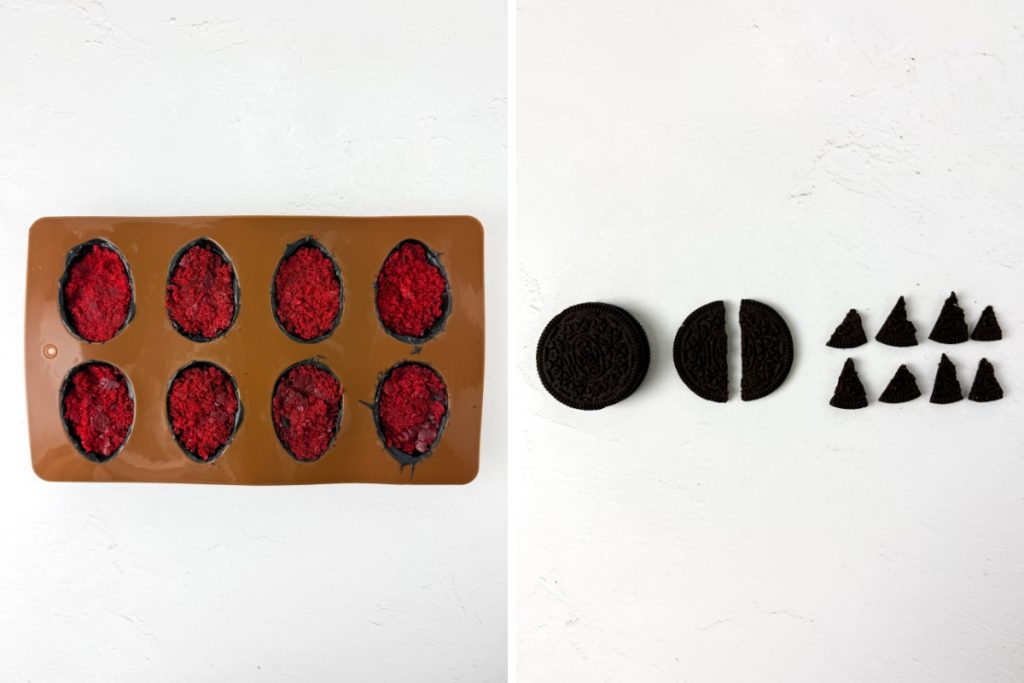 Process image for making Halloween Bat Truffles - fill the molds with red velvet cupcakes