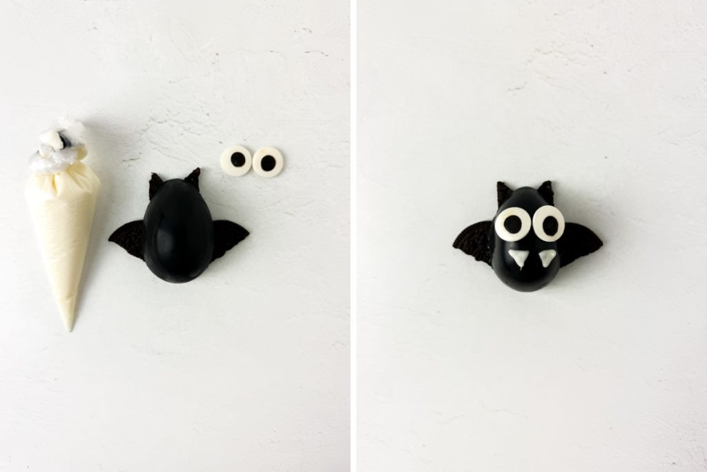 Process image for making Halloween Bat Truffles - put candy eyes and pipe white chocolate for bat teeth