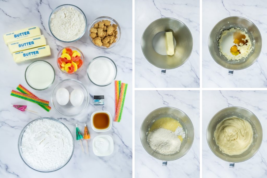 Ingredients and process image for making beach-themed cupcakes - mixing ingredients for the cupcake batter