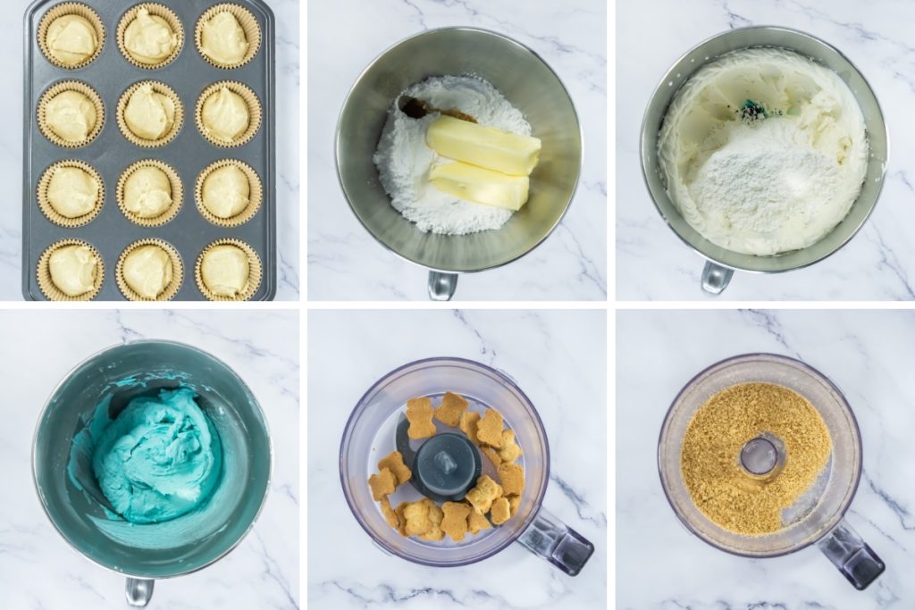Process image for making beach-themed cupcakes - making blue frosting and grinding graham bears into crumbs