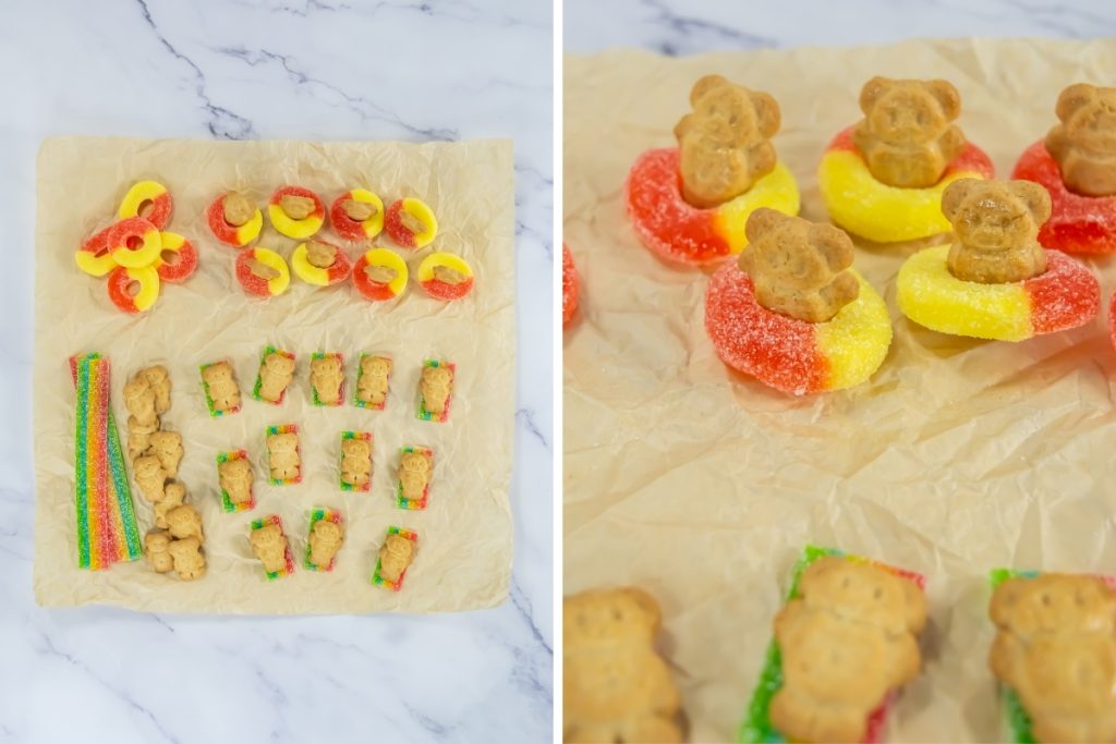 Process image for making beach-themed cupcakes - assembling teddy graham bears and gummies for cupcake toppers