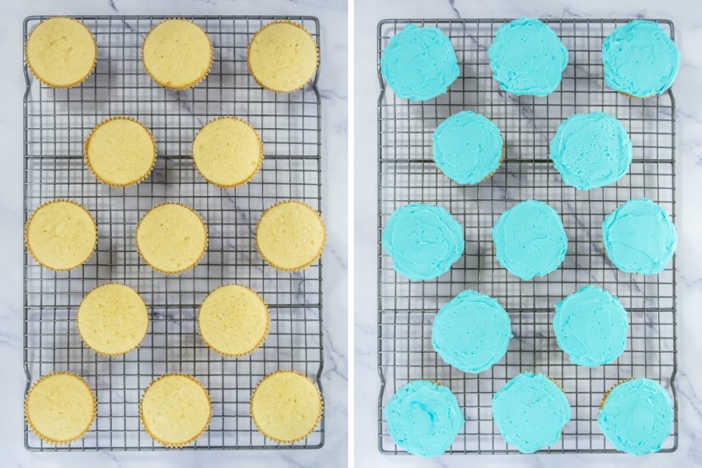 Process image for making beach-themed cupcakes - putting blue frosting on top of cupcakes