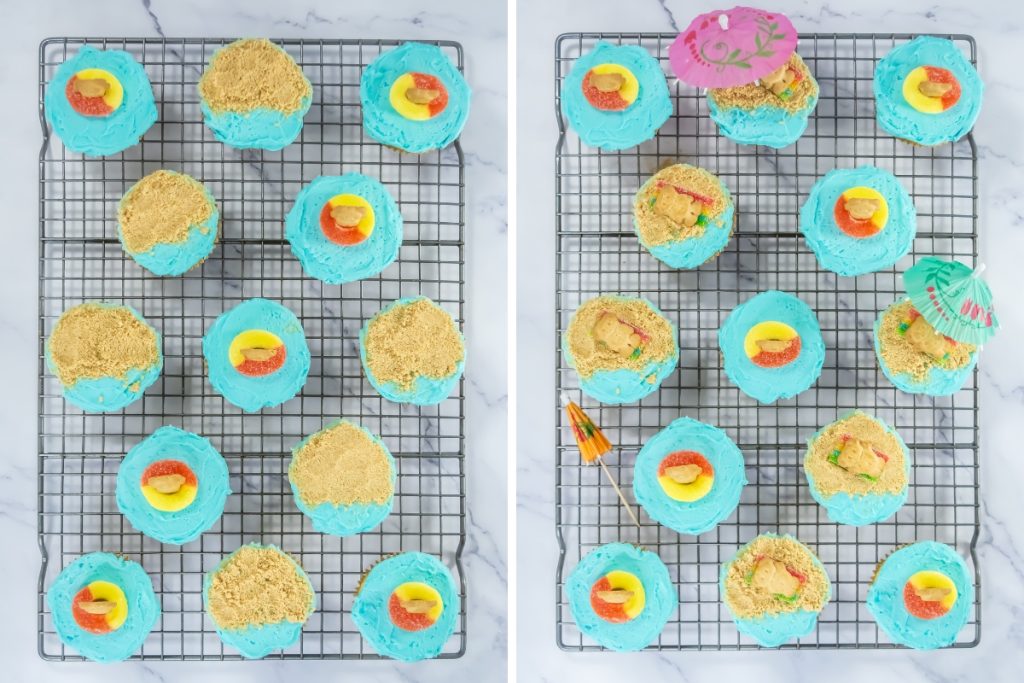 Process image showing beach-themed cupcakes with blue frosting, teddy graham bears, gummy rings, and crushed cookie sand.