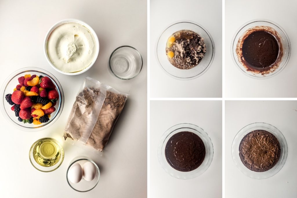 Ingredients and process image for making Brownie Fruit Pizza - mixing and cooking brownie mix as per package instructions