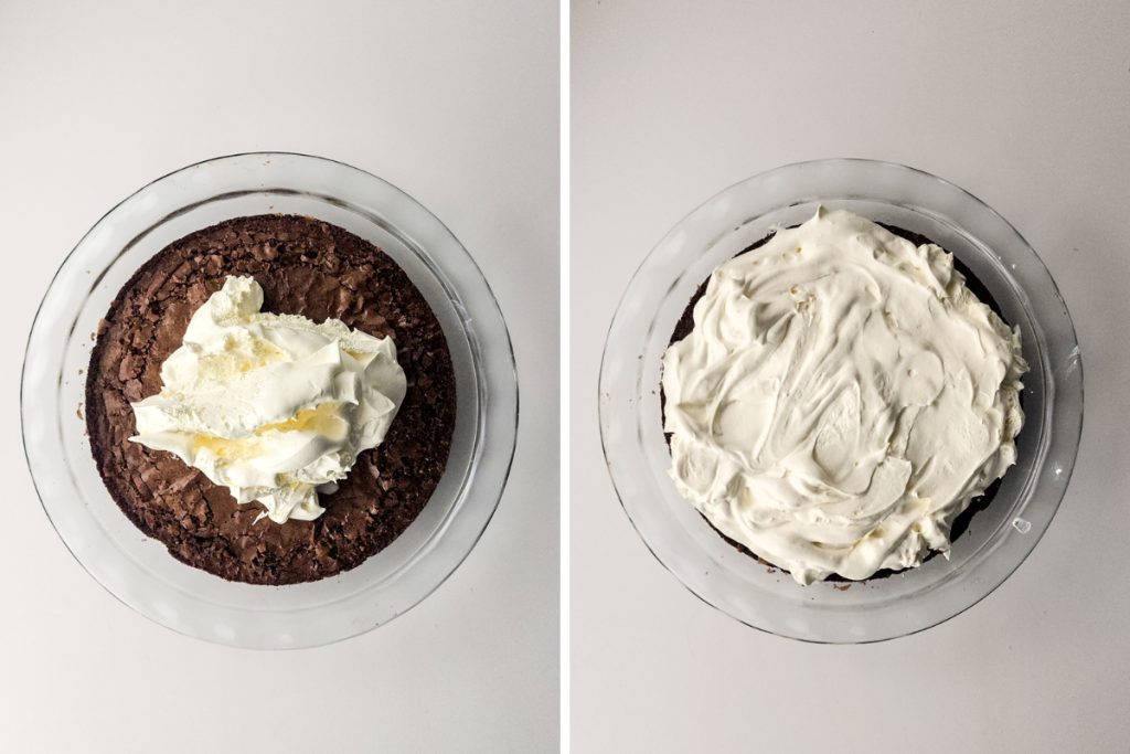 Process image for making Brownie Fruit Pizza - topped brownie with a layer of cool whip