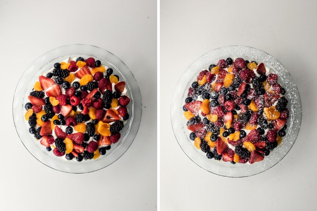 Process image for making Brownie Fruit Pizza - fruits are arranged evenly on top of cool whip and dusted with powdered sugar