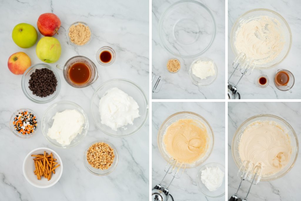 Ingredients and process image for making Caramel Apple Dip - mixing cream cheese, brown sugar, vanilla extract, caramel syrup and cool whip