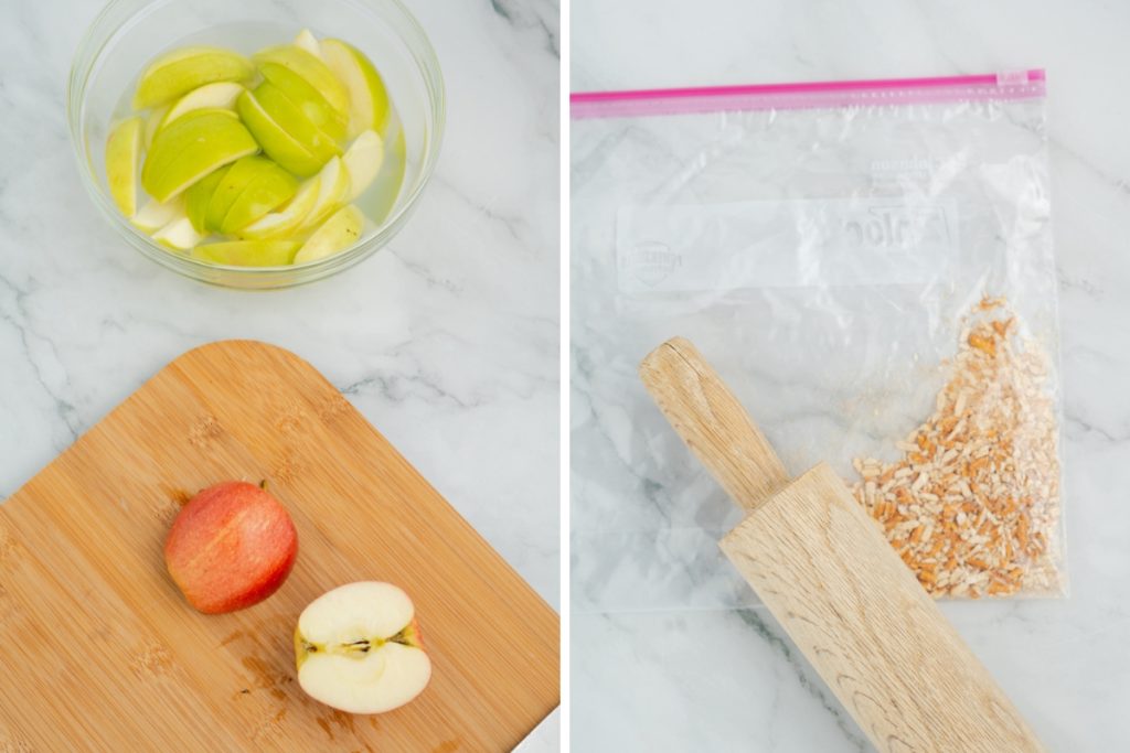 Process image for making Caramel Apple Dip - sliced apples soaked in lemon juice water mixture and crushed pretzels using ziplock bag and rolling pin