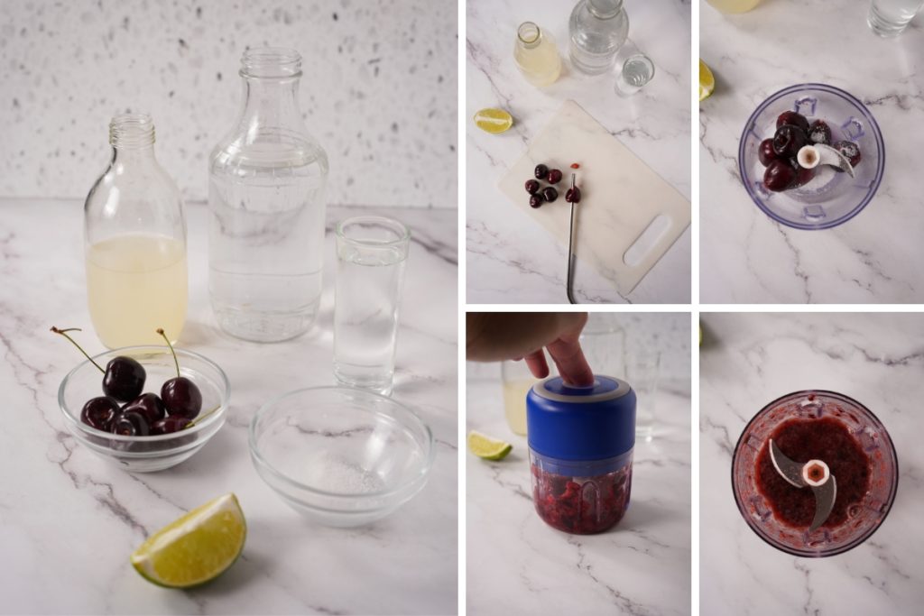 Ingredients and process image for making Cherry Lemonade Refresher - blend cherries and sugar until smooth