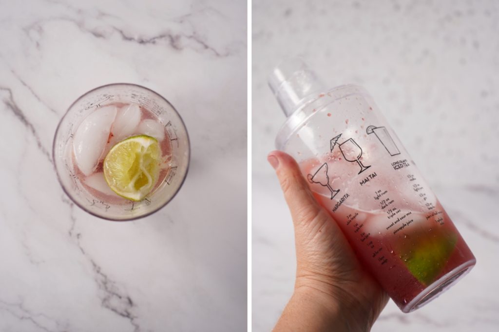 Process image for making Cherry Lemonade Refresher - Add lid to cocktail shaker and shake well
