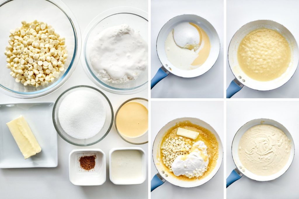 Ingredients and process image for making Eggnog Fudge - making fudge mixture