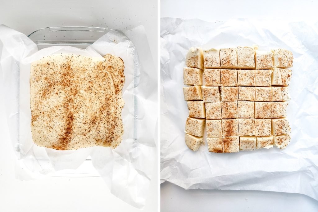 Process image for making Eggnog Fudge - sprinkled nutmeg on top, let it cool down then sliced into fudge squares before serving