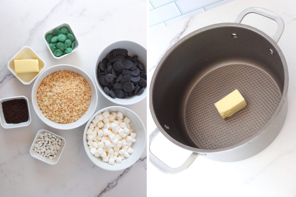 Ingredients and process image for making Frankenstein Rice Krispies - melting butter in a large pot