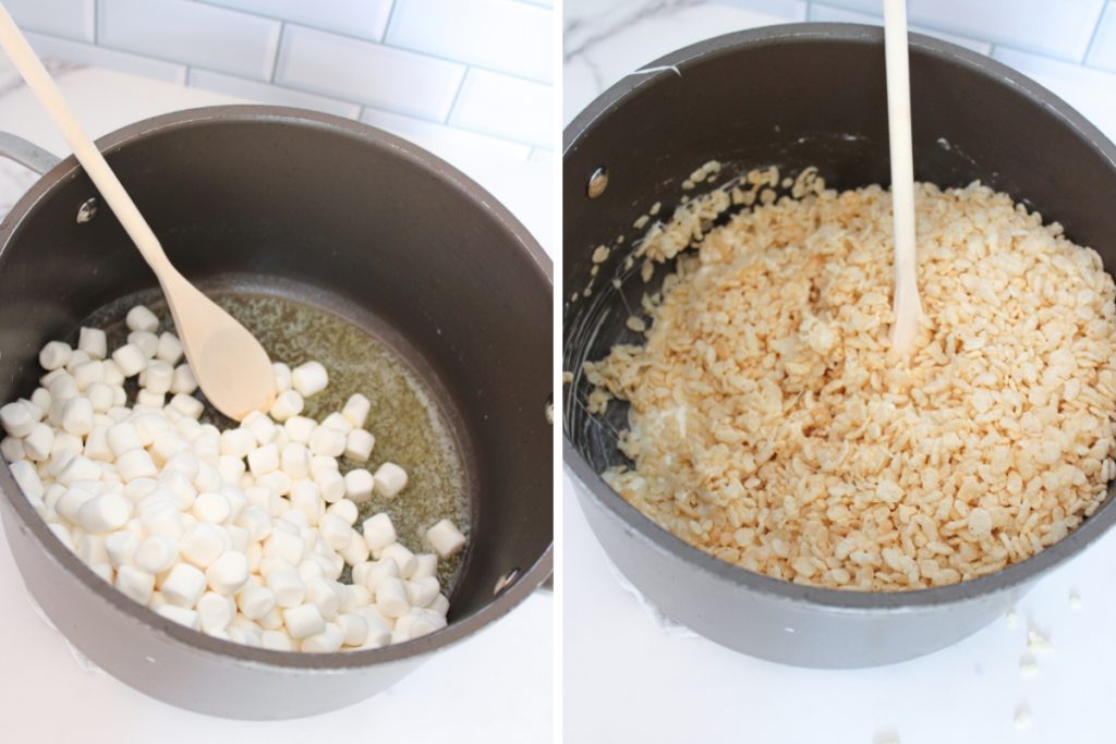 Process image for making Frankenstein Rice Krispies - adding marshmallows and rice krispie cereal to the pot until fully mixed