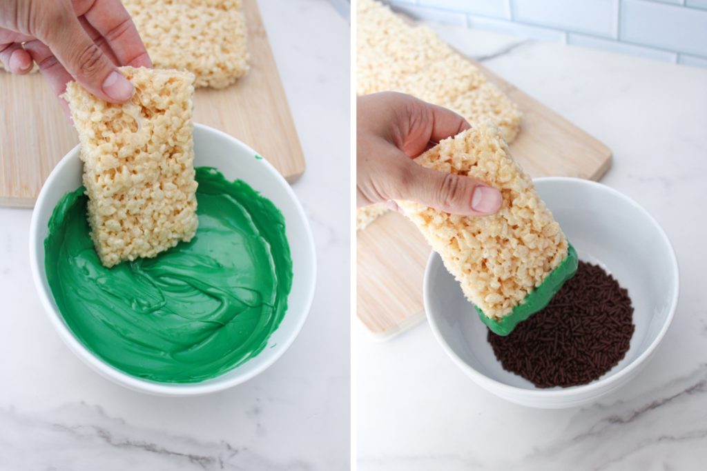 Process image for making Frankenstein Rice Krispies - dipping rice krispie treats to melted green candy melts then to the black sprinkles