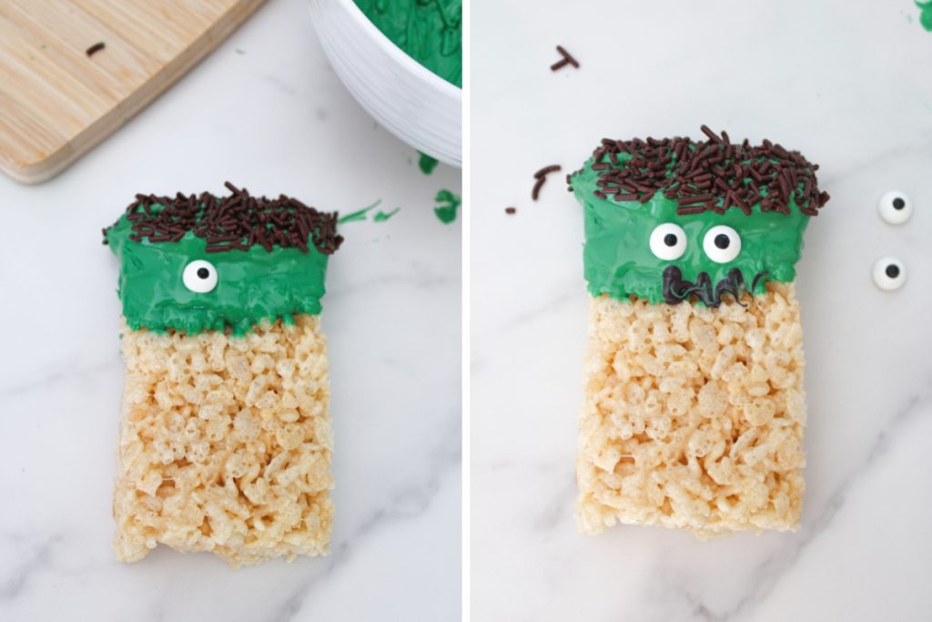 Process image for making Frankenstein Rice Krispies - adding two candy eyeballs and piped fake mouth stitches