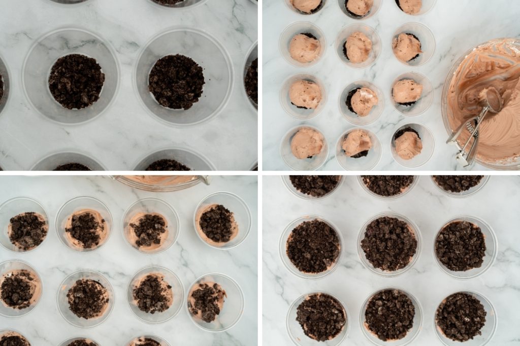 Process image for making Graveyard Dirt Cake Cups - putting layers of cookies and pudding mixture into cups