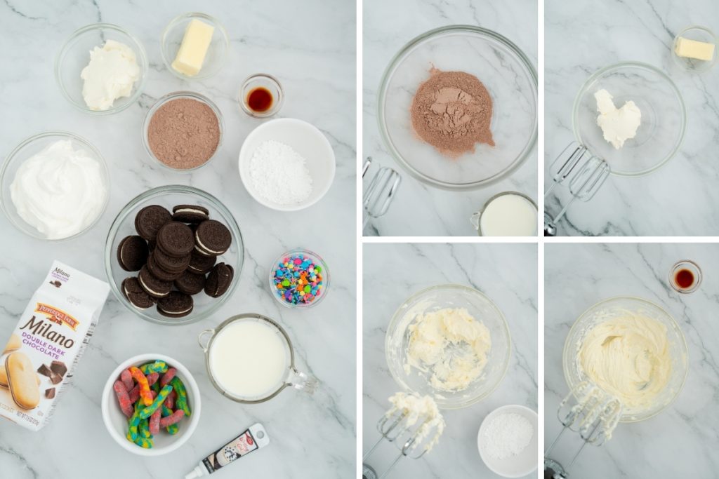 Ingredients and process image for making Graveyard Dirt Cake Cups - making chocolate pudding and cream cheese mixture