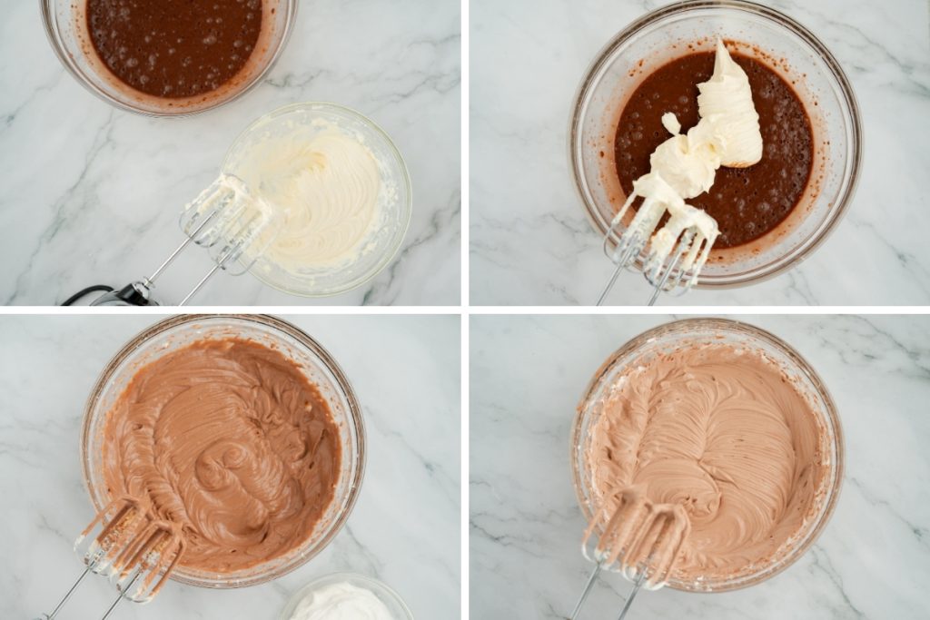 Process image for making Graveyard Dirt Cake Cups - combining pudding and cream cheese mixture